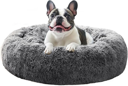 JOLLYVOGUE Calming Dog Bed Medium Size Dog, 31in Donut Washable Medium Pet Bed, Anti-Slip & Anti-Anxiety Fluffy Faux Fur Round Dogs Bed, Fits up to 45 lbs Pets (Smoke Black)