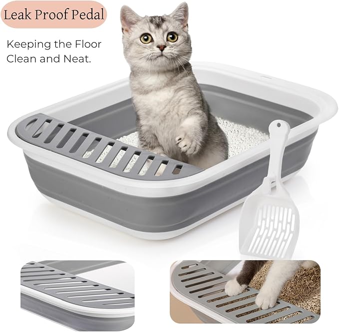 Collapsible Small Cat Litter Box, 17.7'' Open Foldable Kittens Potty with Scoop, Shallow Anti Splash Travel Cat Toilet, Semi Enclosed Height Adjustable Sides Litter Pan for Sick Frail Cat Grey