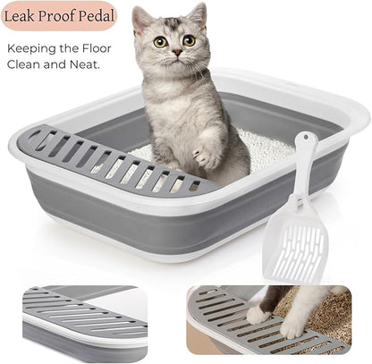 Collapsible Small Cat Litter Box, 17.7'' Open Foldable Kittens Potty with Scoop, Shallow Anti Splash Travel Cat Toilet, Semi Enclosed Height Adjustable Sides Litter Pan for Sick Frail Cat Grey