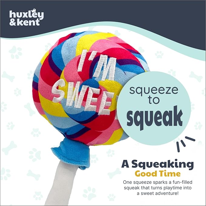 Huxley & Kent Funny Dog Toy w/Squeaker – Power Plush Squeaky Dog Toys for Small, Medium & Large Dogs – Soft Stuffed Animal for Indoor Play & Fetch - I'm Sweet Lollipop, Large