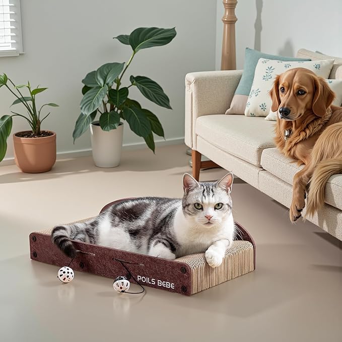 Poils Bebe 26 Inch Sofa Cat Scratcher, Small Cat Scratcher Cardboard with Bell Balls, Durable Couch Lounger for Indoor Cats, Cat Scratch Furniture Protector with Catnip, Cat Toys