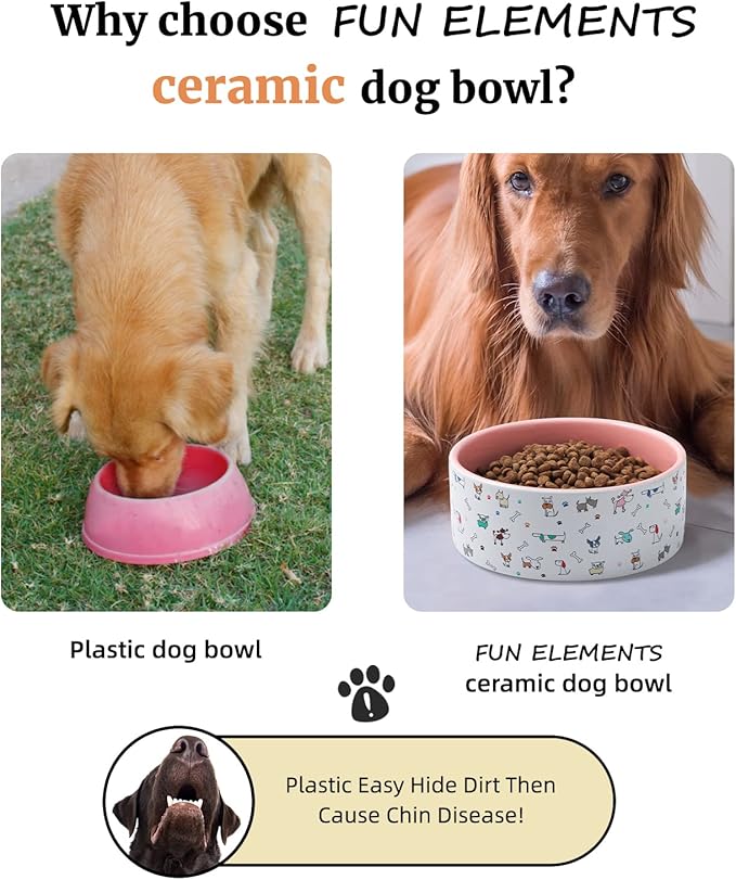Fun Elements Ceramic Dog Bowls, Large Sized 64 Fl Oz Heavy Food and Water Bowl for Medium Dogs with Adorable Patterns (Large, Pink)