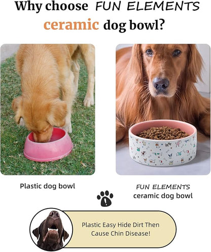 Fun Elements Ceramic Dog Bowls, Large Sized 64 Fl Oz Heavy Food and Water Bowl for Medium Dogs with Adorable Patterns (Large, Pink)