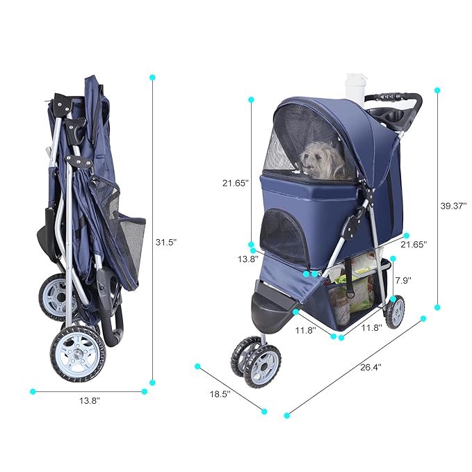 Pet Strollers for Small Medium Dogs & Cats, 3-Wheel Dog Stroller Folding Flexible Easy to Carry for Jogger Jogging Walking Travel with Sun Shade Cup Holder Mesh Window (Dark Blue)