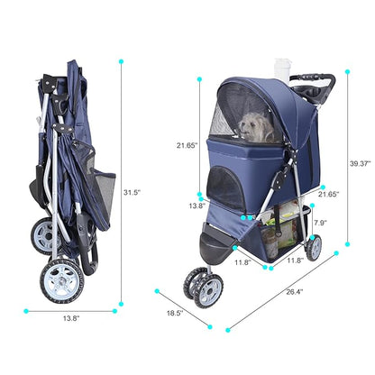 Pet Strollers for Small Medium Dogs & Cats, 3-Wheel Dog Stroller Folding Flexible Easy to Carry for Jogger Jogging Walking Travel with Sun Shade Cup Holder Mesh Window (Dark Blue)