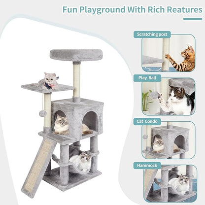 MIAO PAW Grey Cute Cat Tree for Indoor Cat Tower with Scratching Post Modern Activity House Hammock Hanging Ball Condo with Board