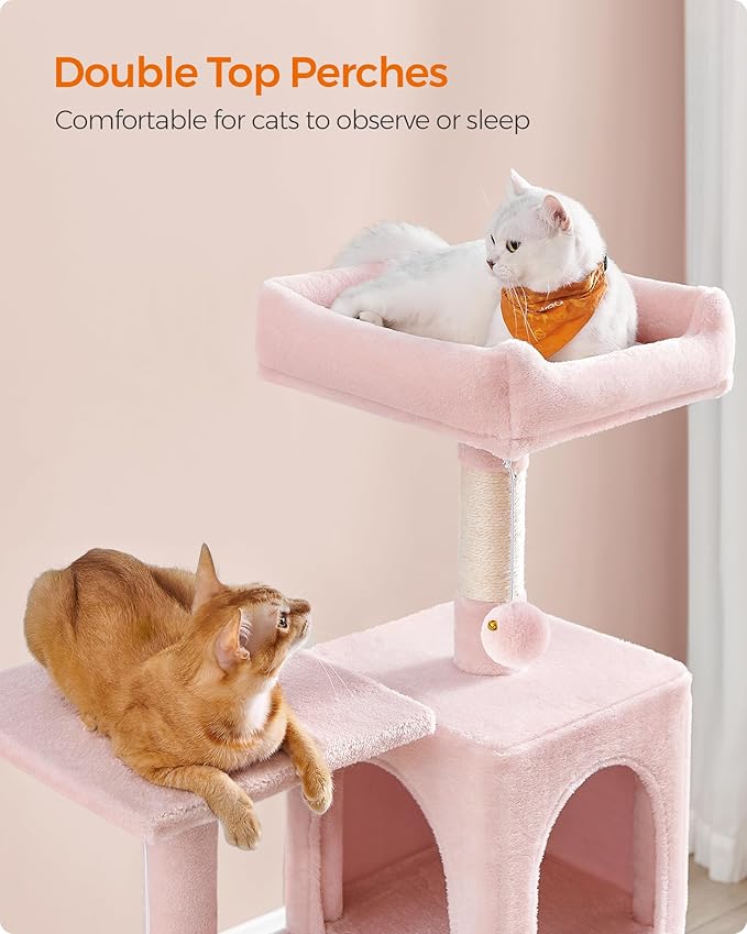 Feandrea Cat Tree, 55.1-Inch Cat Tower, Plush Multi-Level Condo with 4 Scratching Posts, 2 Perches, Hammock, Cave, Jelly Pink UPCT161P01