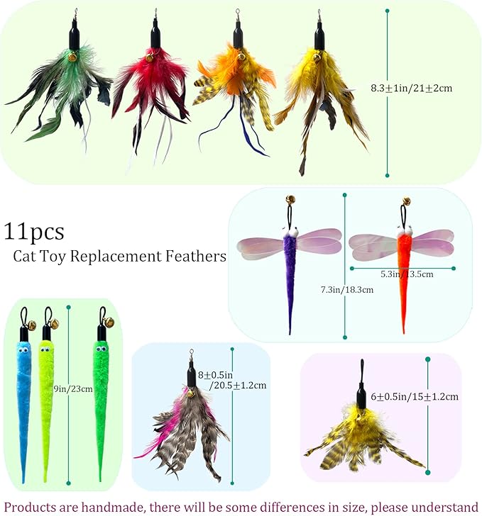 AcceLeah Cat Toy Fishing Pole Attachments Wand Refills, Refills Cat Fishing Pole Toy attachments Dragonfly Worm Refill for Cat Indoor Toy (11Pcs（Feathers+Dragonfly+Worm）