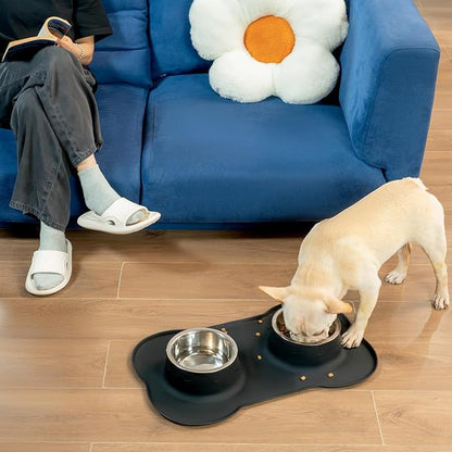 Medium Pet Feeding Station, 29oz Stainless Steel Dog Bowls Set, No Spill Food & Water Dishes with Non Slip Silicone Mat for Breeds Up to 55 Lbs,Black