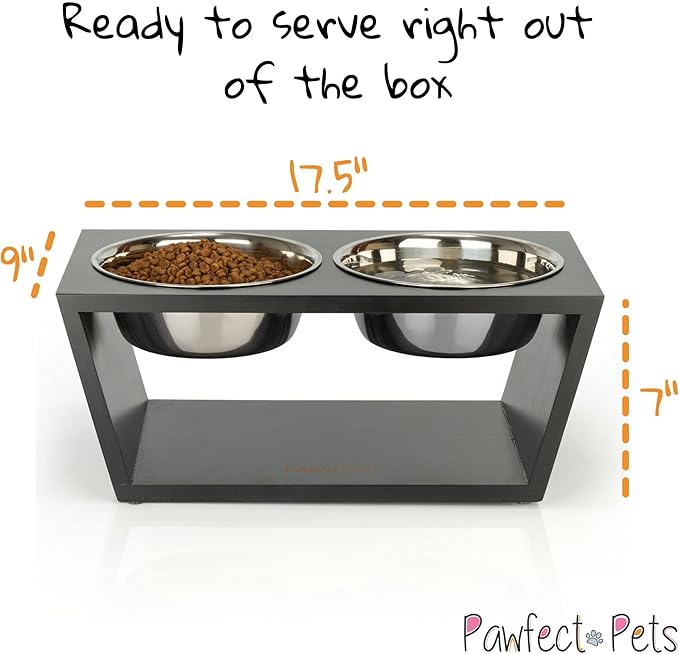 Pawfect Pets Elevated Dog Bowl Stand- 7" Raised Dog Bowl for Medium Dogs. Pet Feeder with Four Stainless Steel Bowls (Black)