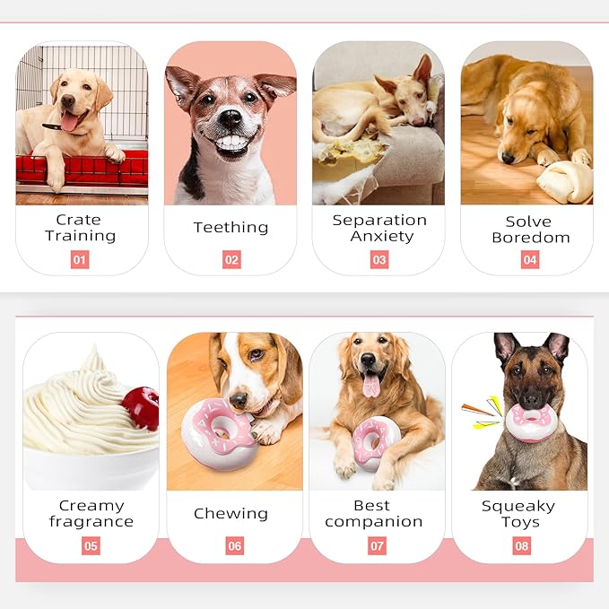 Dog Chew Toys for Aggressive Chewers, Indestructible Tough Squeaky Mental Stimulation Teeth Grinding Interactive Dog Chew Toys for Small/Medium/Large Dog Breeds, Creamy Scent Donut Pink