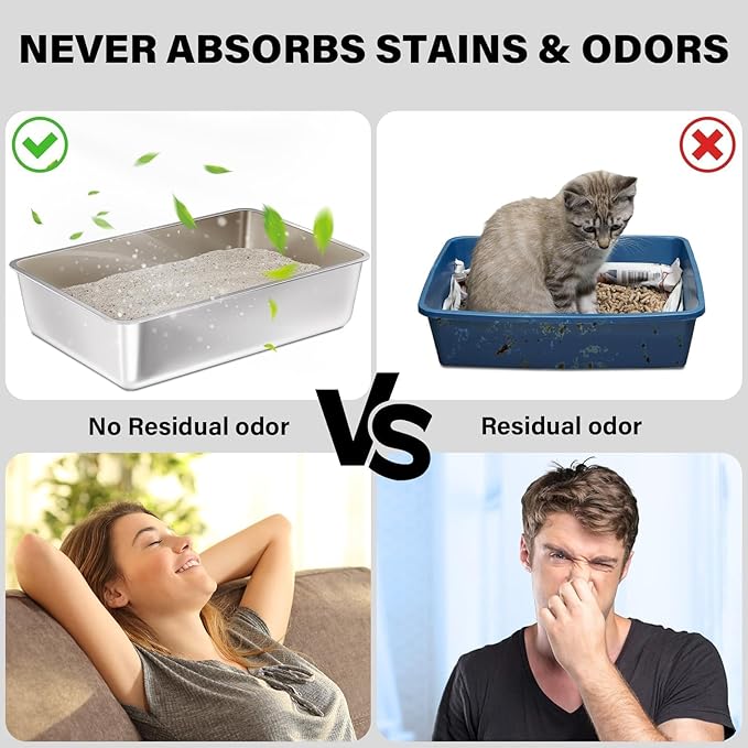 Stainless Steel Litter Box, Large Metal Cat Litter Box for Small to Medium Cats, High Sides, 18"x14"x6"，Non Stick, No Smell, Easy to Clean