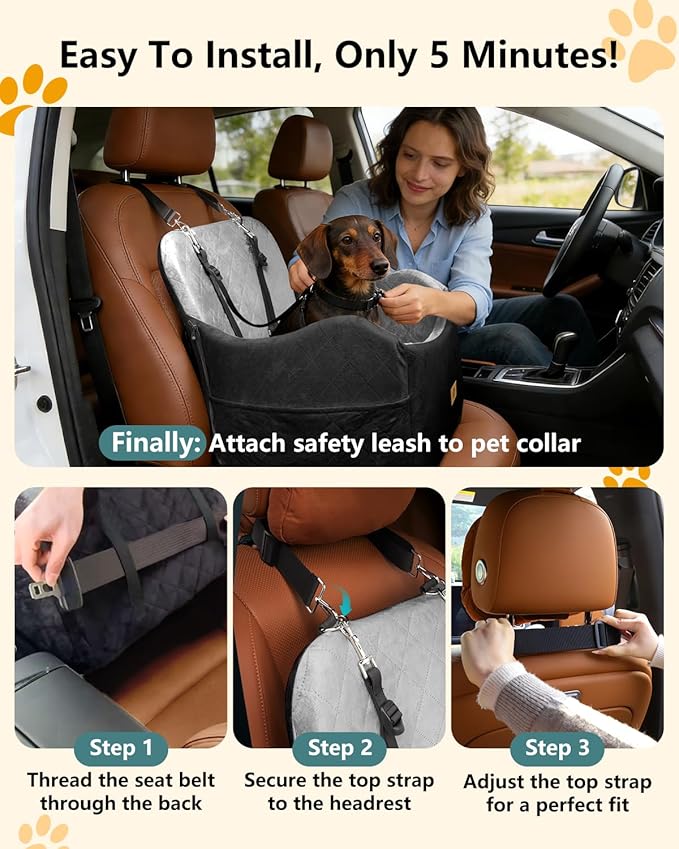 Dog Car Seat for Small/Medium Dogs Up to 35lbs, 2-in-1 Pet Car Seat with Memory Foam, Detachable Washable Dog Bed for Cars, Pet Booster Carseat with Storage Pockets Fits Front/Back Seats (Black/Grey)