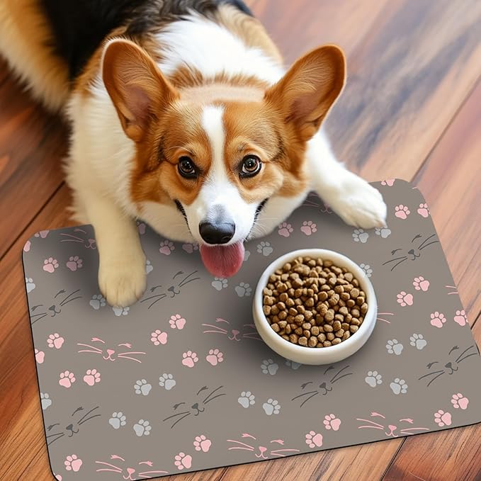Patterned Cat & Dog Bowl Mat for Food and Water, 12"×20" Quick Dry Absorbent Pet Feeding Mat, Eco-Friendly Dog Placemat