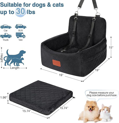 WOOAIDAGG Dog Car Seat for Small Dogs Under 30lbs, Washable Pet Travel Car Bed with Memory Foam,Fully Detachable Cover,2 Storage Pockets & Safety Leash,Non-Slip Bottom(Black)