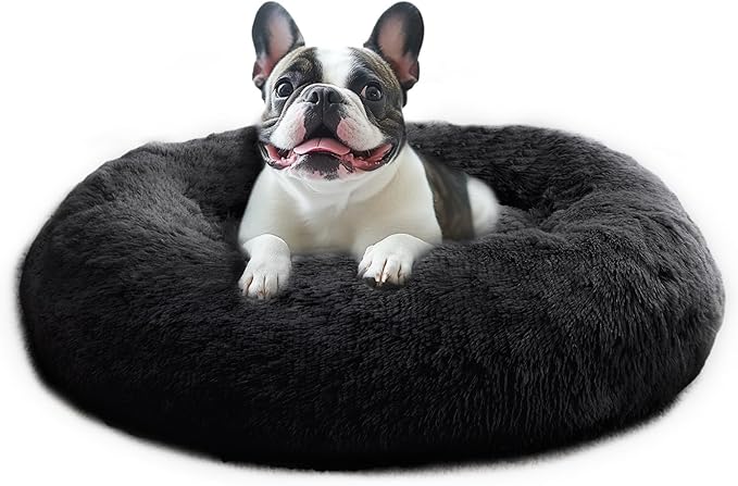 JOLLYVOGUE Calming Dog Beds Large Sized Dog, 36in Donut Washable Large Pet Bed, Anti-Slip & Anti-Anxiety Fluffy Faux Fur Round Dogs Bed, Fits up to 80 lbs Pets (Black)