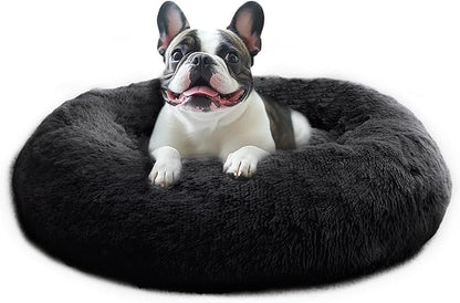 JOLLYVOGUE Calming Dog Beds Large Sized Dog, 36in Donut Washable Large Pet Bed, Anti-Slip & Anti-Anxiety Fluffy Faux Fur Round Dogs Bed, Fits up to 80 lbs Pets (Black)