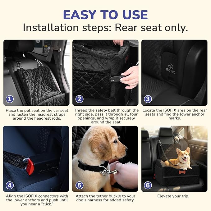 Dog Car Seat for Small Medium Dogs, 6" Elevated Dog Booster Seat with ISOFIX Safety Fixation, Washable Cover & High Density Memory Foam, Portable for Car Front/Rear/Trunk Home Outdoor Use (Jet Black)