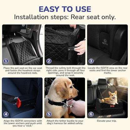 Dog Car Seat for Small Medium Dogs, 6" Elevated Dog Booster Seat with ISOFIX Safety Fixation, Washable Cover & High Density Memory Foam, Portable for Car Front/Rear/Trunk Home Outdoor Use (Jet Black)