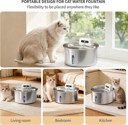 YFL Cordless Cat Water Fountain, 3.2L/108oz Stainless Steel Pet Water Fountain with Motion Sensor & Visual Filter, 4000mAh Battery Operated Quiet Cat Drinking Fountain for Cats & Dogs