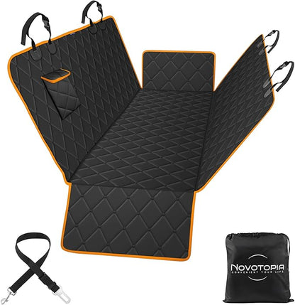 Dog Car Seat Cover for Back Seat 100% Waterproof, Long-Lasting and Soft Nonslip Backseat Cover for Cars, SUVs and Trucks, 600D Oxford Fabric, Black-Orange, Standard (54" W x 59" L)