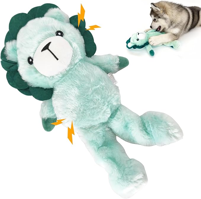 Green Lion Plush Squeaky Dog Toy with Bungee Leg Puppy Teething Chew Toy Cute Soft Funny Indoor Outdoor Interactive Stuffed Animal Dog Toy for Small Medium Large Dogs Toy Gift 36.5cm/14.37in