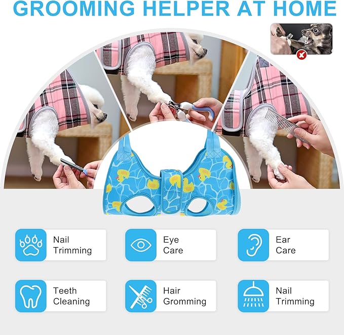 BEAUTYZOO Dog Grooming Hammock for Small Dogs Cat- Dog Sling for Nail Trimming/Clipping- Dog Hanging Holder with Thick Fabric Neck Support & Strap Restraint Claw Care,Blue Duck,S