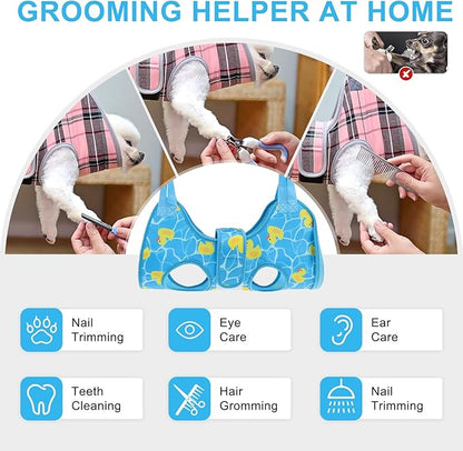 BEAUTYZOO Dog Grooming Hammock for Small Dogs Cat- Dog Sling for Nail Trimming/Clipping- Dog Hanging Holder with Thick Fabric Neck Support & Strap Restraint Claw Care,Blue Duck,S
