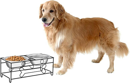 Set of 2 Stainless Steel Dog Bowls - 40oz Pet Bowls with Decorative Dog Food Stand - Metal Food and Water Dishes for Large Pets - Puppy Essentials by PETMAKER (Silver/Black)