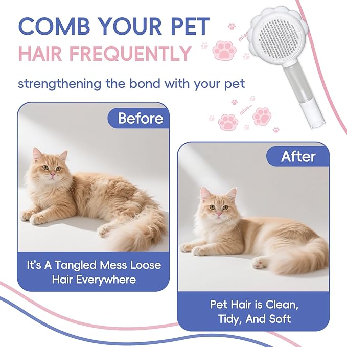 Cat Brushes For Indoor Cats, Cat Shedding Brush With Pet Flea Comb & Pet Nail Clippers, Slicker Brush For Dogs & Rabbit Grooming Kit, Spray Hair Removal Comb With Release Button & Visual Spray, White
