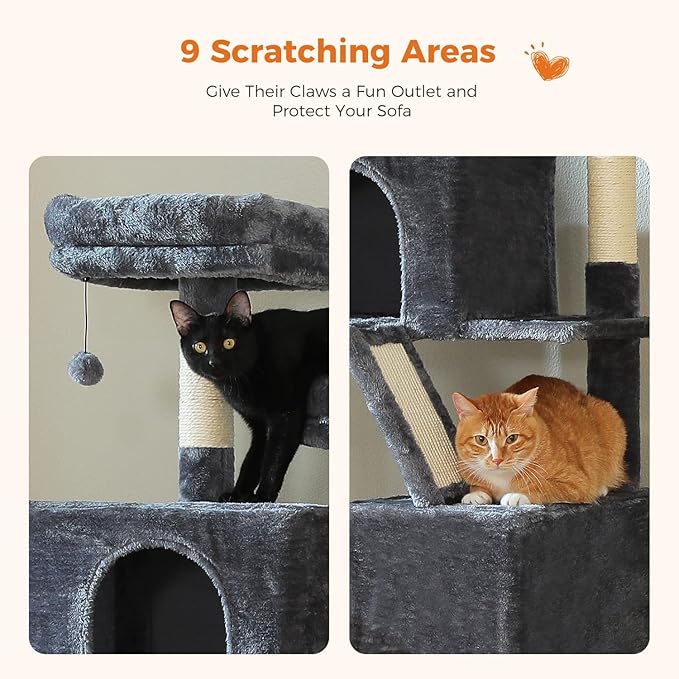 70.8" Tall Cat Tree for Large Cats, Multi-Level Cat Tower with 8 Sisal Scratching Posts, 2 Top Perches, Big Condo, Large Hammock, and Cat Furniture for Indoor Cats, Dark Gray