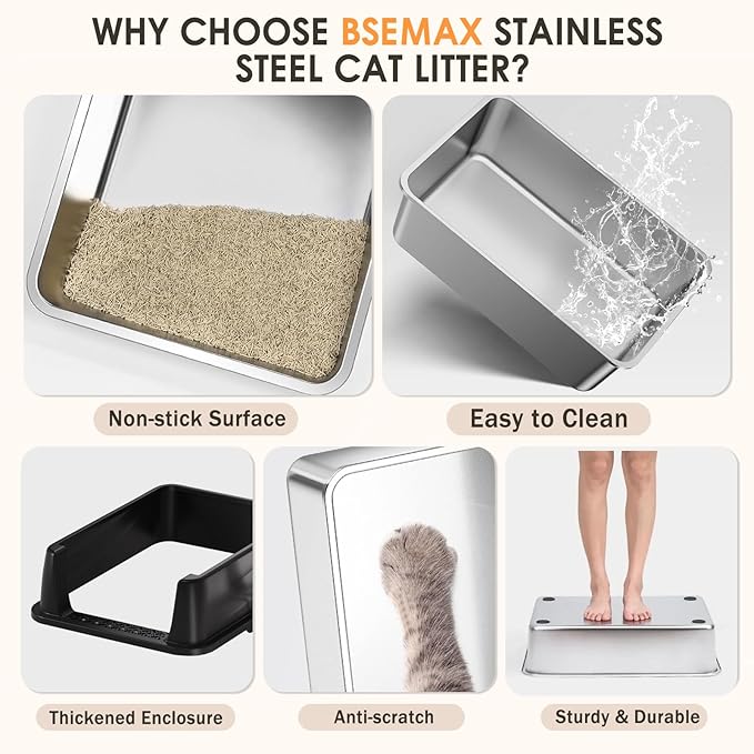 Stainless Steel Litter Box with Lid: Metal Cat Litter Box for Small Cats with Scoop, High Sided Kitty Litter Pan Tray, 17.4'' x 13.5'' x 8.5'', Non-Stick, Anti-Leakage, Easy Cleaning (Black)