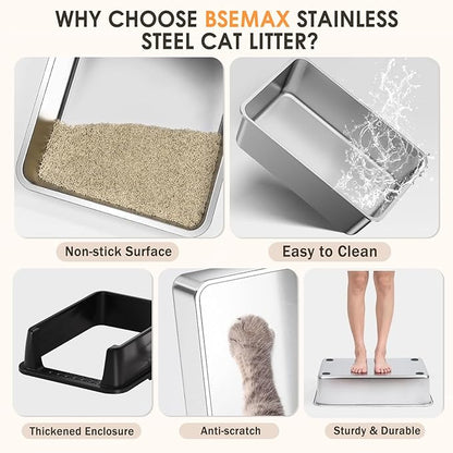 Stainless Steel Litter Box with Lid: Metal Cat Litter Box for Small Cats with Scoop, High Sided Kitty Litter Pan Tray, 17.4'' x 13.5'' x 8.5'', Non-Stick, Anti-Leakage, Easy Cleaning (Black)