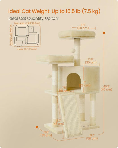 Feandrea Cat Tree, 45.3-Inch Cat Tower, Plush Condo with Scratching Post, Ramp, Perch, Spacious Cave, for Small Space, Beige UPCT141M01