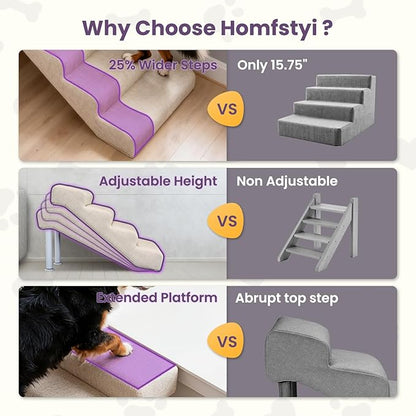 Leather Dog Stairs, 19.7" Extra Wide Dog Steps for Bed & Sofa, Adjustable Height 13.78"-17.32” Pet Ramp for Small to Large Dogs, Holds Up to 150 lbs（4-Step）