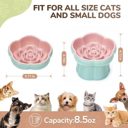 Cat Slow Feeder Flower-Shaped Ceramic Slow Feeder Cat Bowl, Tilted Raised Cat Slow Feeder Bowl for Whisker Relief, Prevents Vomiting & Bloating, Non-Slip Base