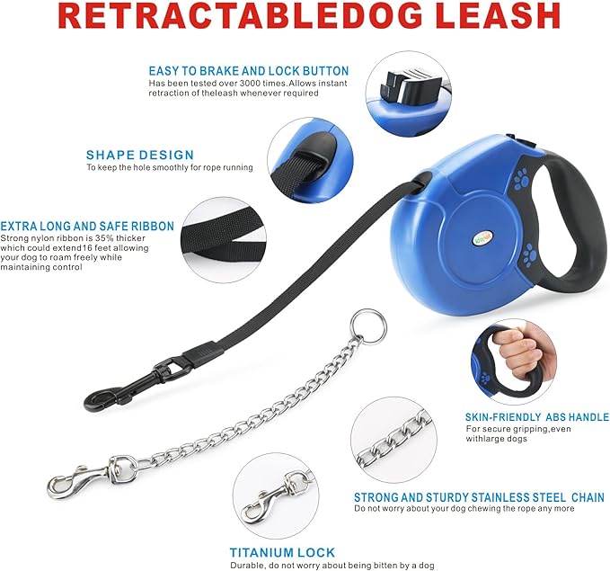 Idepet Heavy Duty Retractable Dog Leash for Small and Medium Dogs, Anti-Chewing Steel Chain 360 Degree Tangle-Free,Break and Lock System,16ft Leash for Dog Walking (Blue, Flat Rope)