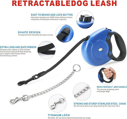 Idepet Heavy Duty Retractable Dog Leash for Small and Medium Dogs, Anti-Chewing Steel Chain 360 Degree Tangle-Free,Break and Lock System,16ft Leash for Dog Walking (Blue, Flat Rope)