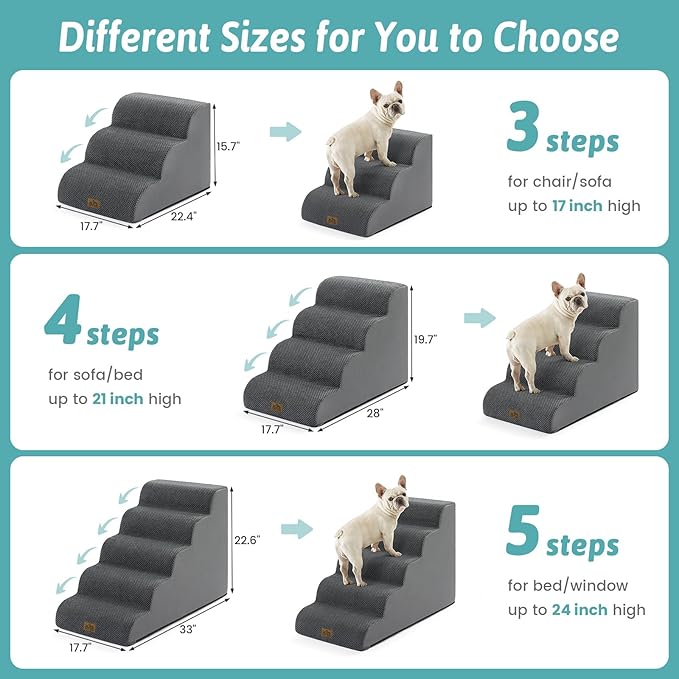 Wide Dog Stairs for Small Dog 15.7" H, Pet Step for Puppy, Older Cat, Curved Ramp for Couch, Durable Anti-Slip Ladder with High Density Foam, 3 Step, 17.7x22.4x15.7 inch, Dark Grey