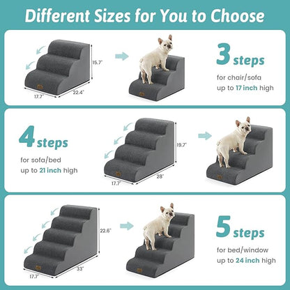 Wide Dog Stairs for Small Dog 19.7" H, Pet Step for Puppy, Older Cat, Curved Ramp for Bed, Durable Anti-Slip Ladder with High Density Foam, 4 Step, 17.7x28x19.7 inch, Dark Grey