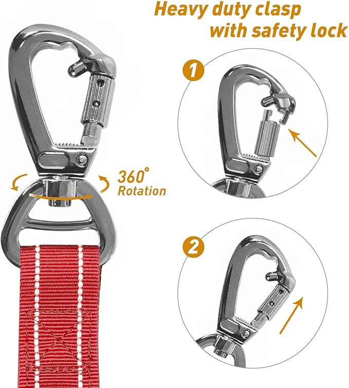 AUBELL Tactical Dog Leash Heavy Duty,4-6ft Reflective Strong No Pull Bungee Leash for Medium Large Dogs with Comfortable Padded Double Handle,Car Seat Belt,360 Degree Rotating Carabiner,Red