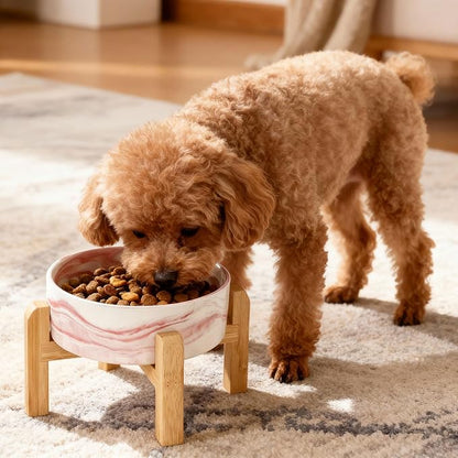 Elevated/Raised Ceramic Dog Bowl with Bamboo Stand,Marble Pattern 6 Inch 3.6 Cups Non Slip Heavy Weighted Single Pet Dish, for Small Medium Breed & Cats,Reduces Neck Strain Marble Pink