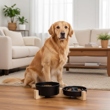 Ceramic Slow Feeder Dog Bowl Set-1 Cup Puzzle Dog Food Bowl & 850ML Water bowl with wooden stand for small dogs, Anti-Gulping,Anti-chewing,Anti-Slip,Black