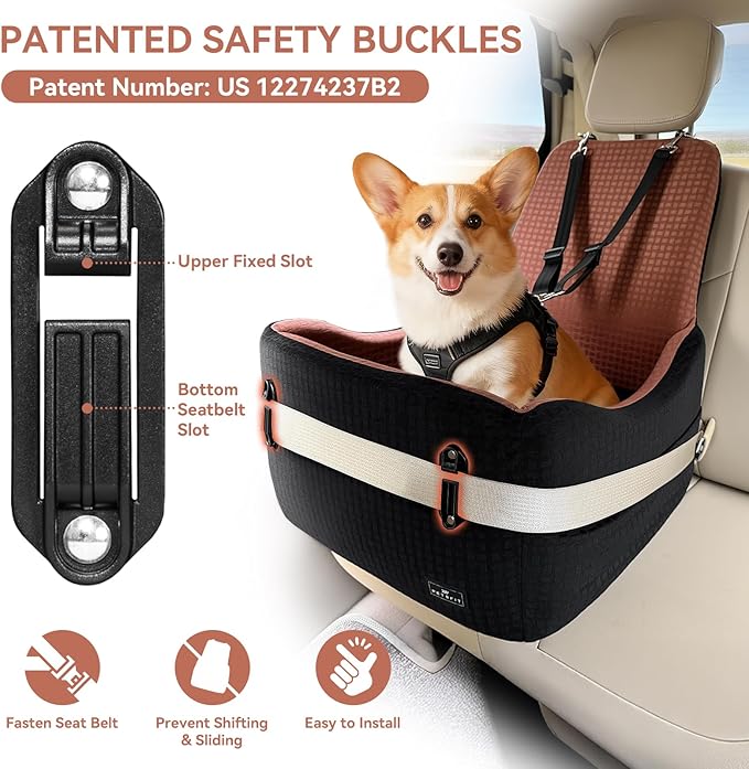 PETSFIT Dog Car Seat for Small/Medium Dogs Up to 35 lbs – Patented Safety System, 6" Memory Foam Pet Booster Car Seat, Fully Detachable and Washable Dog Carseat with 2 Storage Pockets (Black/Brown)