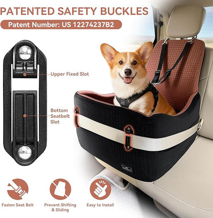 PETSFIT Dog Car Seat for Small/Medium Dogs Up to 35 lbs – Patented Safety System, 6" Memory Foam Pet Booster Car Seat, Fully Detachable and Washable Dog Carseat with 2 Storage Pockets (Black/Brown)