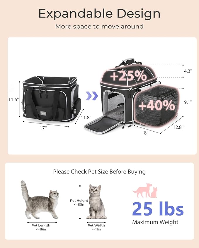 Expandable Pet Carrier: NOBLE DUCK Soft-Sided Cat Dog Carrier 17x11.8X(11.6+4.3) Inches Small Medium Cats Dogs Portable Travel Carrier Up to 25 Lbs Black