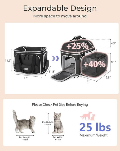 Expandable Pet Carrier: NOBLE DUCK Soft-Sided Cat Dog Carrier 17x11.8X(11.6+4.3) Inches Small Medium Cats Dogs Portable Travel Carrier Up to 25 Lbs Black
