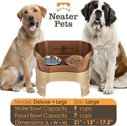Neater Feeder Deluxe Mess-Proof Elevated Dog Bowls for Large Dogs (40+ lbs), 2 Height Adjustable (14.5” & 17.5”) No-Spill Raised Dog Bowl Stand, Stainless Steel Food Bowl Set, Made in USA, Bronze