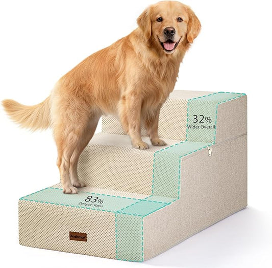 Dog Stairs for Large Dogs 18" H, Extra Wide Dog Steps for High Beds & Couches, 20" Wide Deep Steps, Non-Slip Dogs Ramp, 3-Step Pet Stairs, Beige