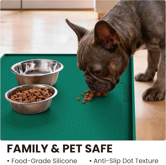 VIVAGLORY Dog Bowl Mat Grippymat Pet Food Mat, Waterproof Washable Nonslip Silicone for Pet & Cat, Food and Water Placemat with Lip & Raised Edges for Indoor Floor, S, Deep Green